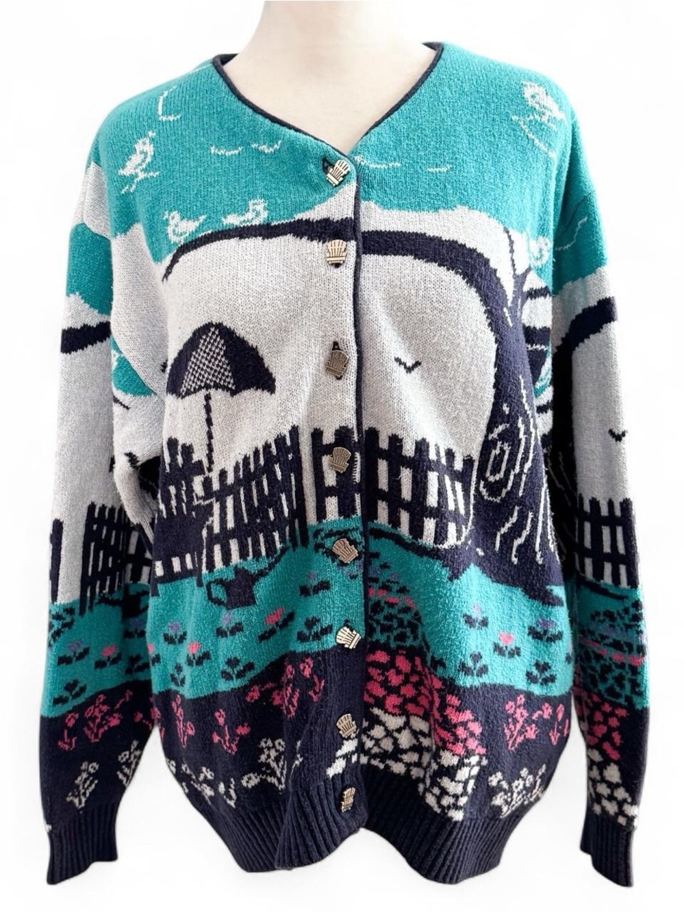 Northern Reflections Teal, Black & Gray Scenic Button-Up Cardigan’s
